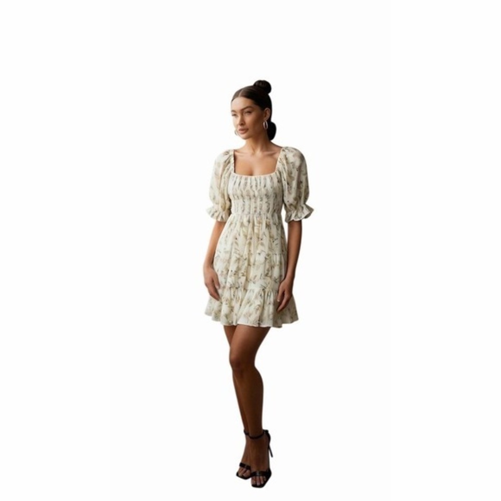 Flying Tomato Dress Womens Size M Ivory Floral Smocked Mini Puff Sleeve - Picture 2 of 7